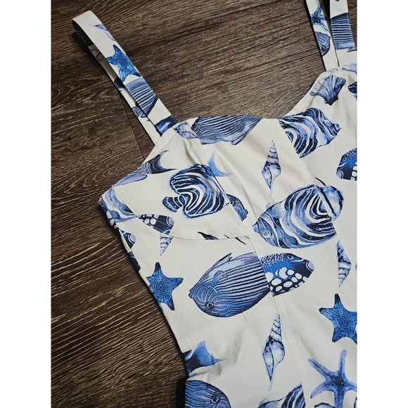 Avec Les Filles Blue Marin Print Fit & Flare Sleeveless Midi Dress Womens 10 NWT - Picture 5 of 13
